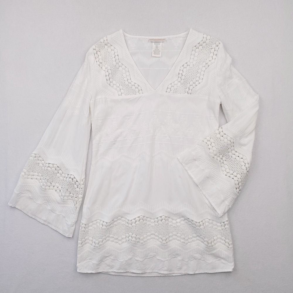 La Blanca Blouse Womens Small White Lace Tunic Crochet Cover Up Bell‎ Sleeve